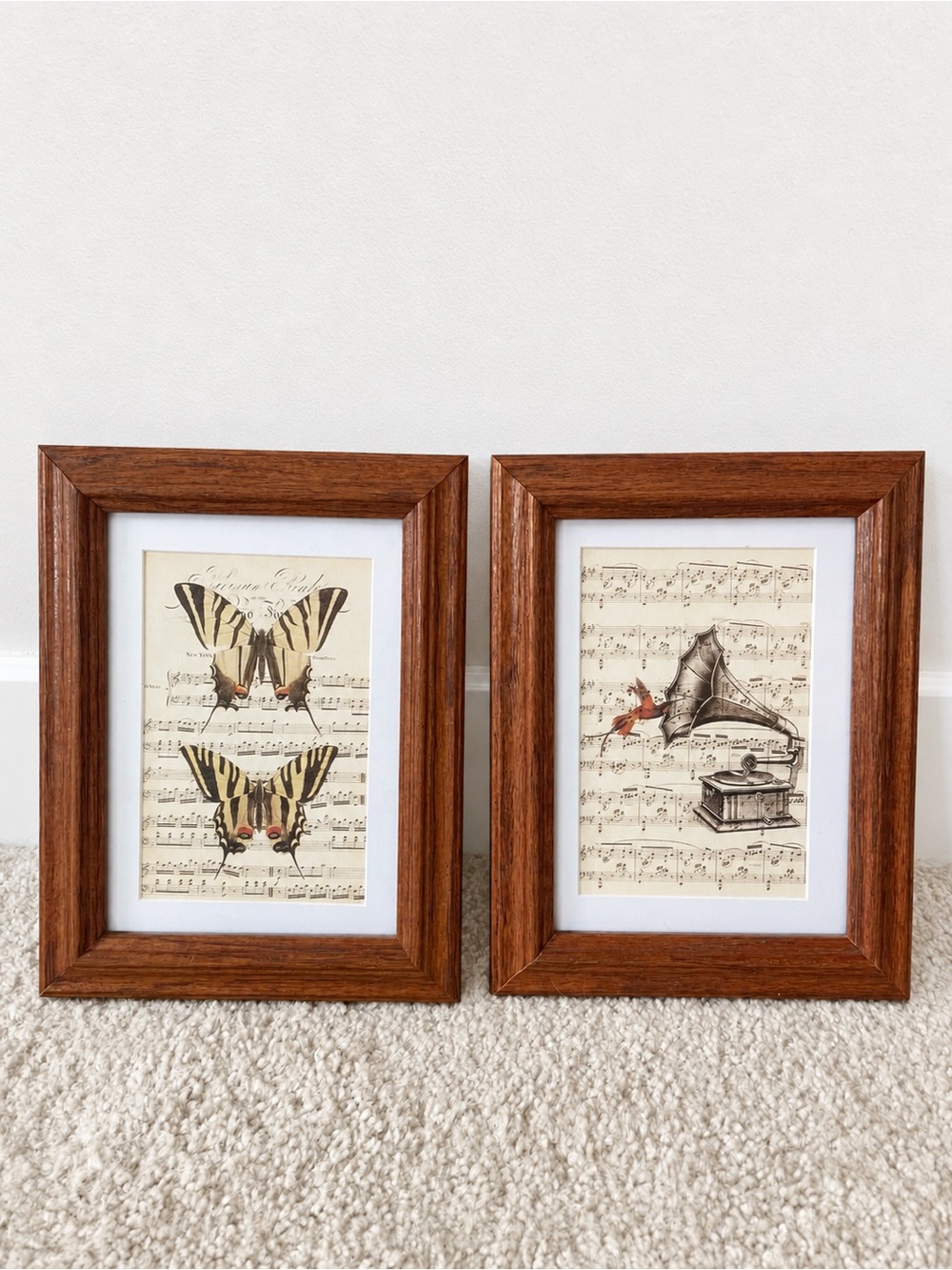 Set of 2 Musical Prints in Wood Frames (Butterfly & Gramophone) 6x8